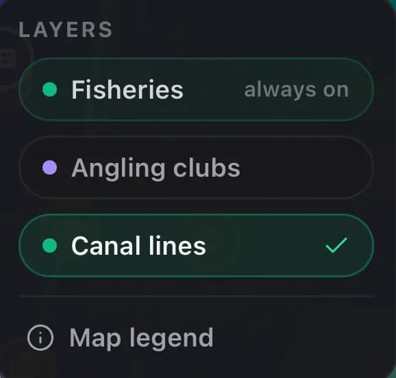 The app's layers panel showing Fisheries always on, plus toggles for Angling clubs and Canal lines.