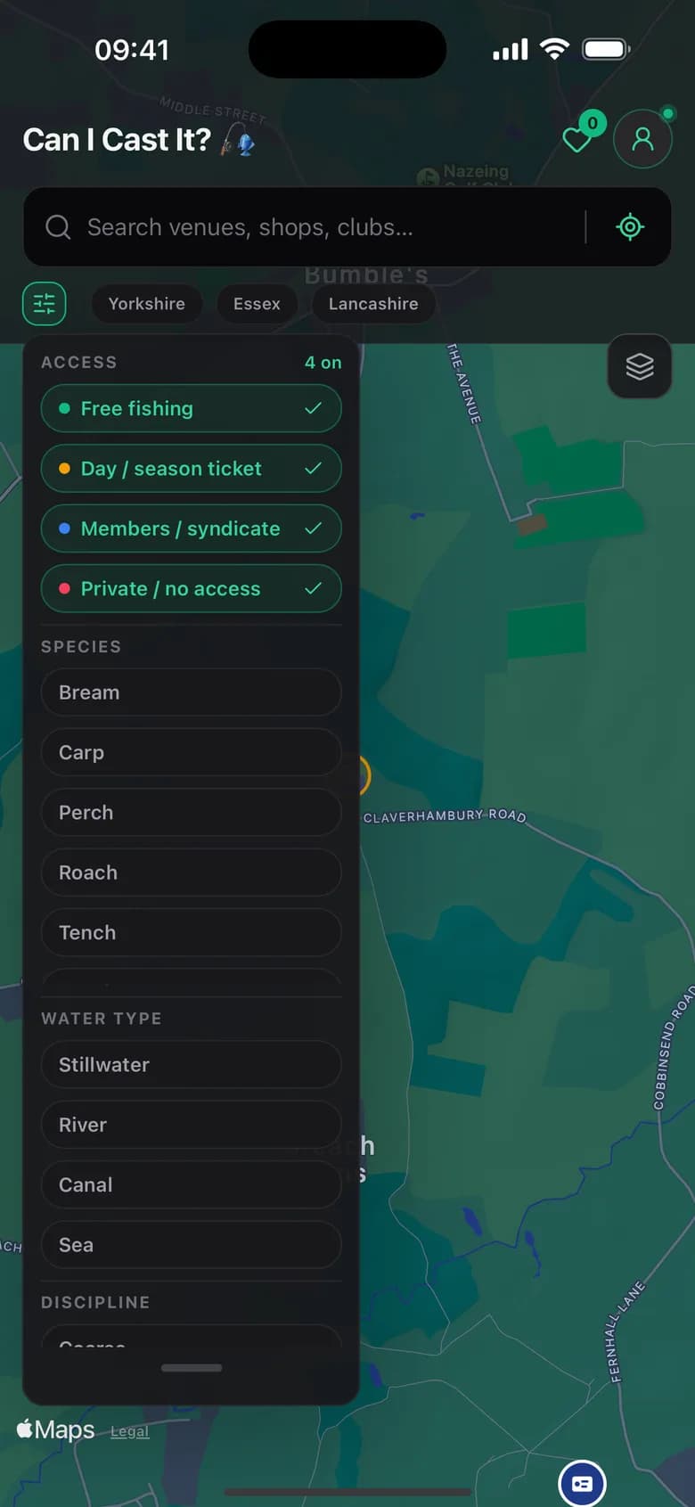 The app's filter panel open over the map: an Access section with Free fishing, Day / season ticket, Members / syndicate and Private / no access all switched on, then Species and Water type lists.