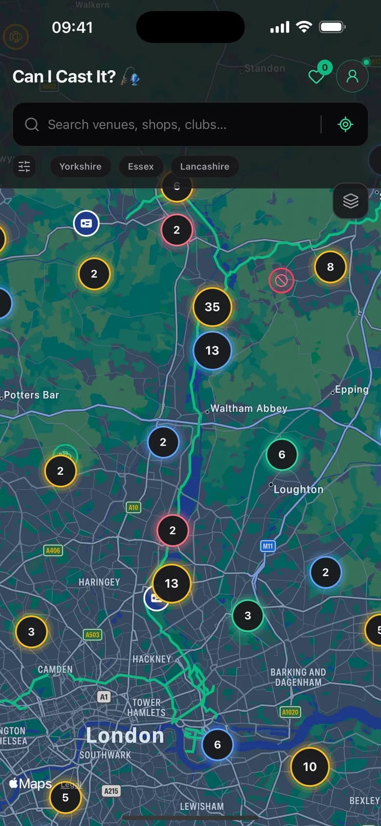 The Can I Cast It? map over London and the Lea Valley, with fishing venues grouped into numbered clusters ringed in access colours: amber for permit, blue for members, green for free, red for private.