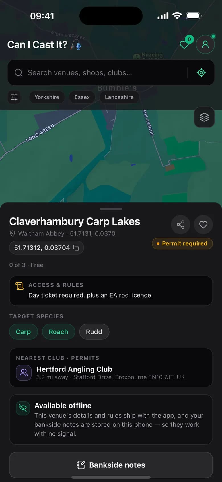 A venue sheet for Claverhambury Carp Lakes with a Permit required badge, access and rules text, target species Carp, Roach and Rudd, the nearest club Hertford Angling Club, and an Available offline note.